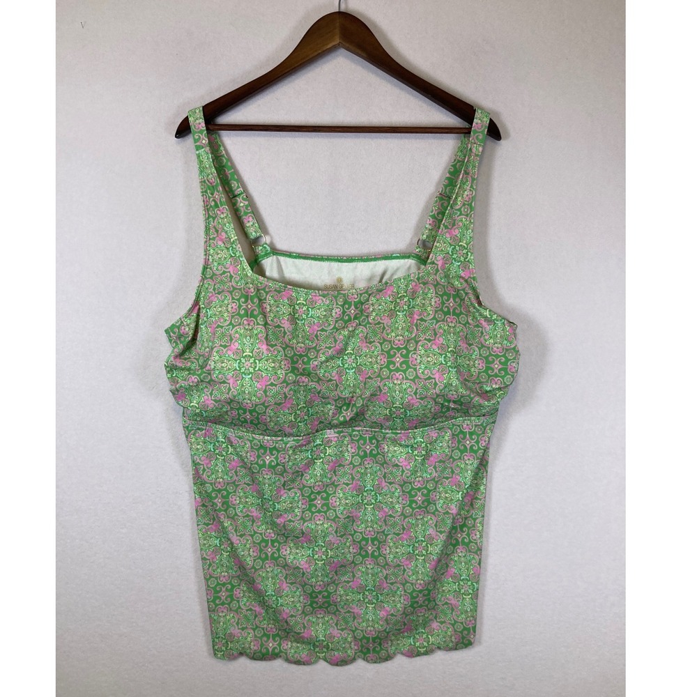 Boho Preppy Susan Graver Womens 28W‎ Green Pink Paisley Scalloped Tankini Top